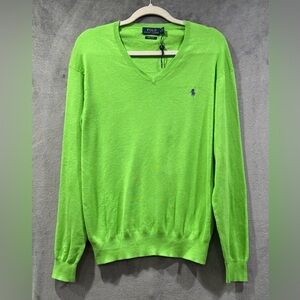 Polo Ralph Lauren Mens Large V-Neck Green Sweater  Pony 100% Pima Cotton NWOT